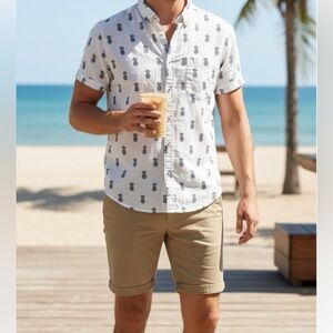 Cactusman Pineapple Button Down Shirt White Black Size M Resort Hawaiian